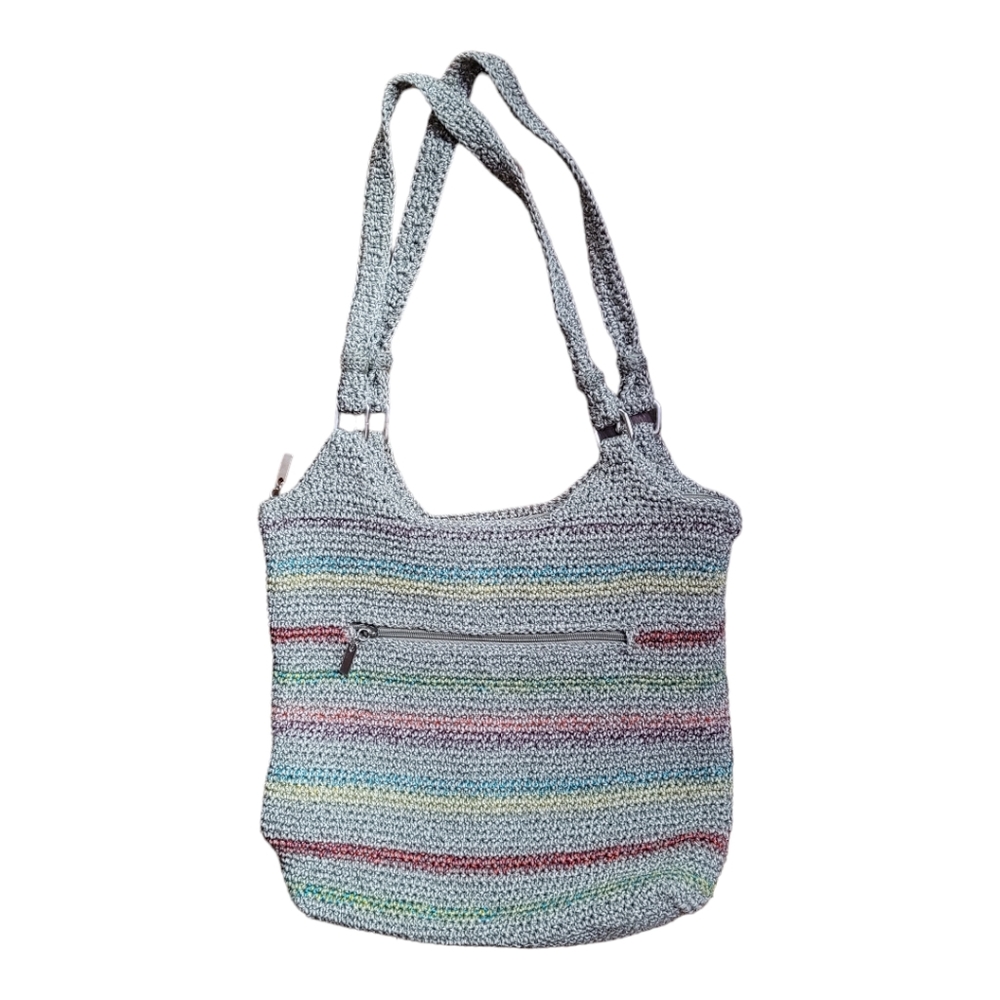 The Sak Belle Crochet Shoulder Bag inBeige/Taupe Multi Rainbow Stripe.
